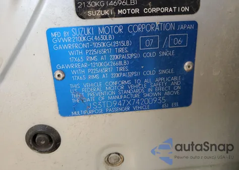 2007 Suzuki Grand Vitara Luxury z USA, uszkodzony, nr VIN JS3TD947X74200935